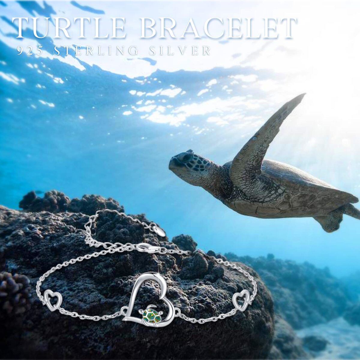 Sterling Silver Heart Opal Sea Turtle & Tortoise Pendant Bracelet-6