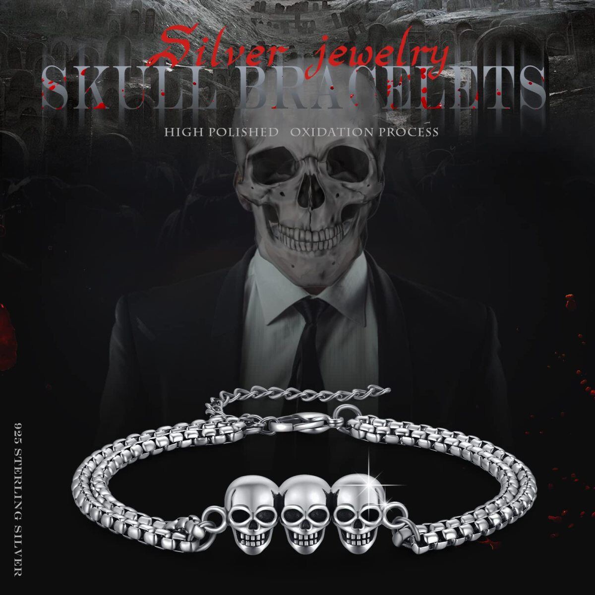 Stainless Steel with Retro Silver Plated Skull Pendant Bracelet for Men-5