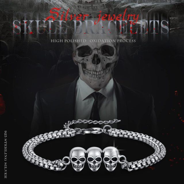 Stainless Steel with Retro Silver Plated Skull Pendant Bracelet for Men-4