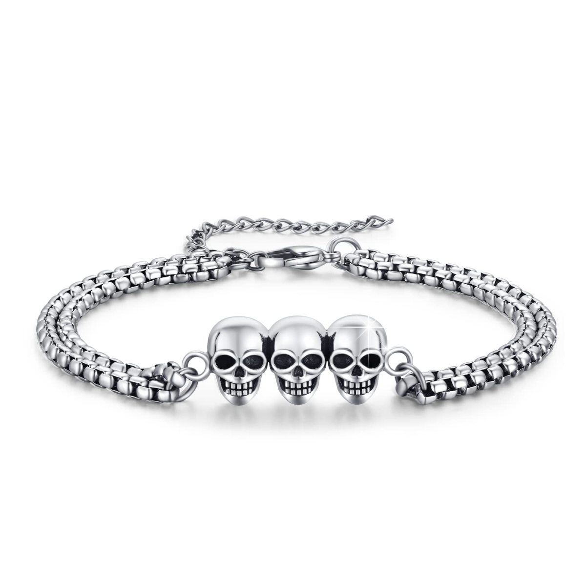 Stainless Steel with Retro Silver Plated Skull Pendant Bracelet for Men-1