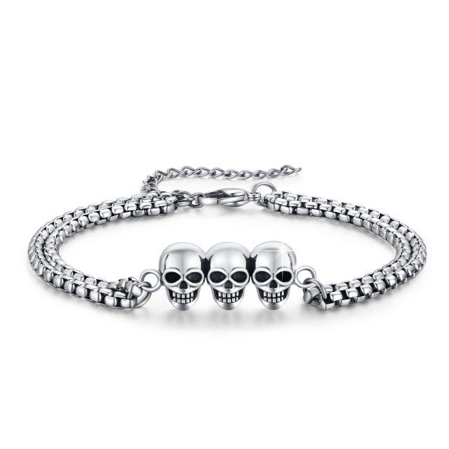 Stainless Steel with Retro Silver Plated Skull Pendant Bracelet for Men-0