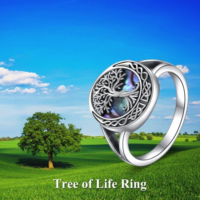 Anel de nó celta da árvore da vida com marisco de abalone em prata esterlina-2