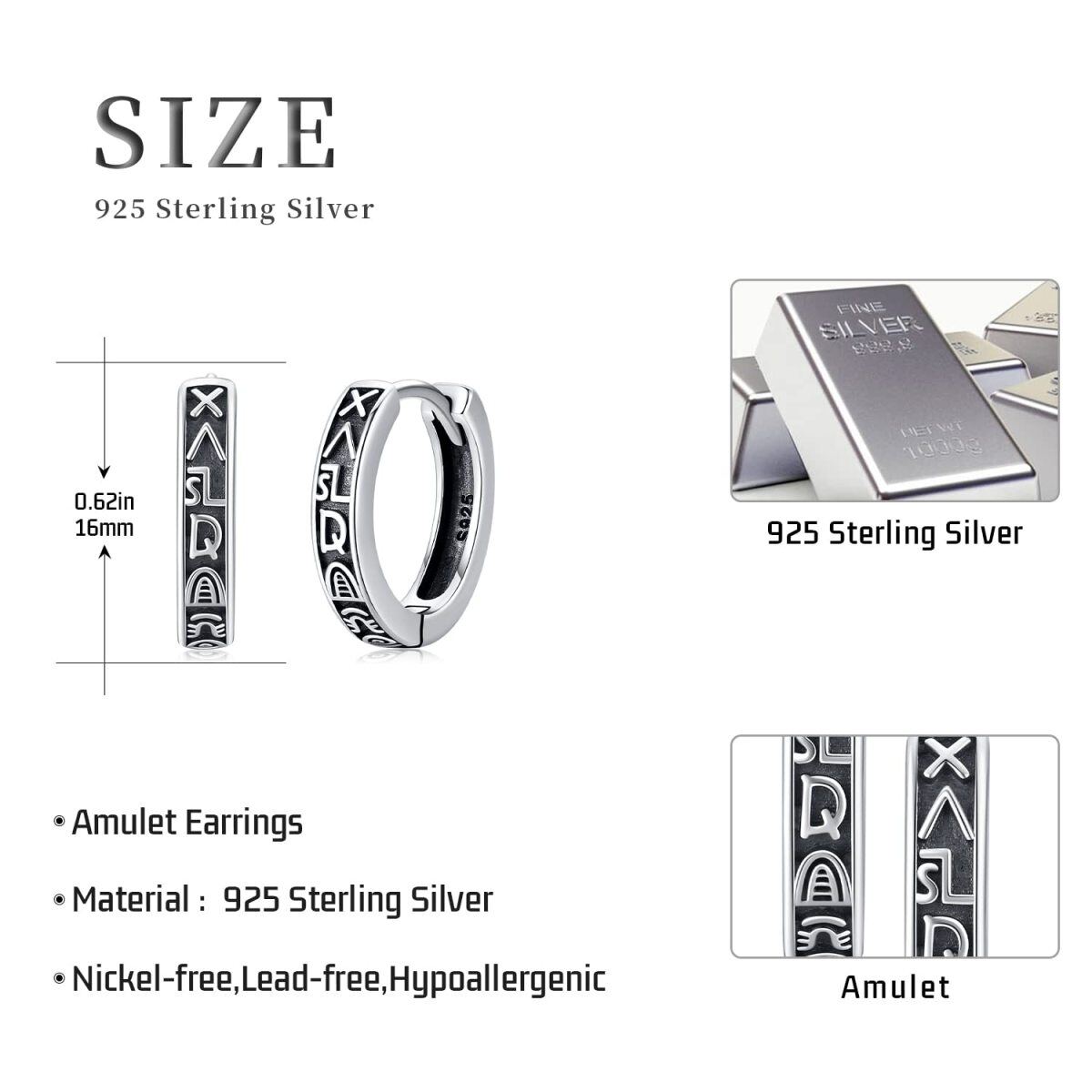 Sterling Silver with Black Rhodium Viking Rune Hoop Earrings-6