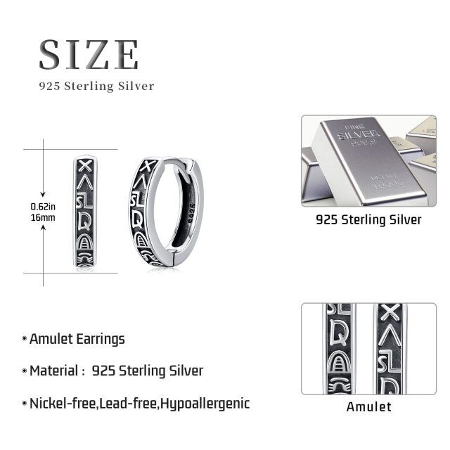 Sterling Silver with Black Rhodium Viking Rune Hoop Earrings-5