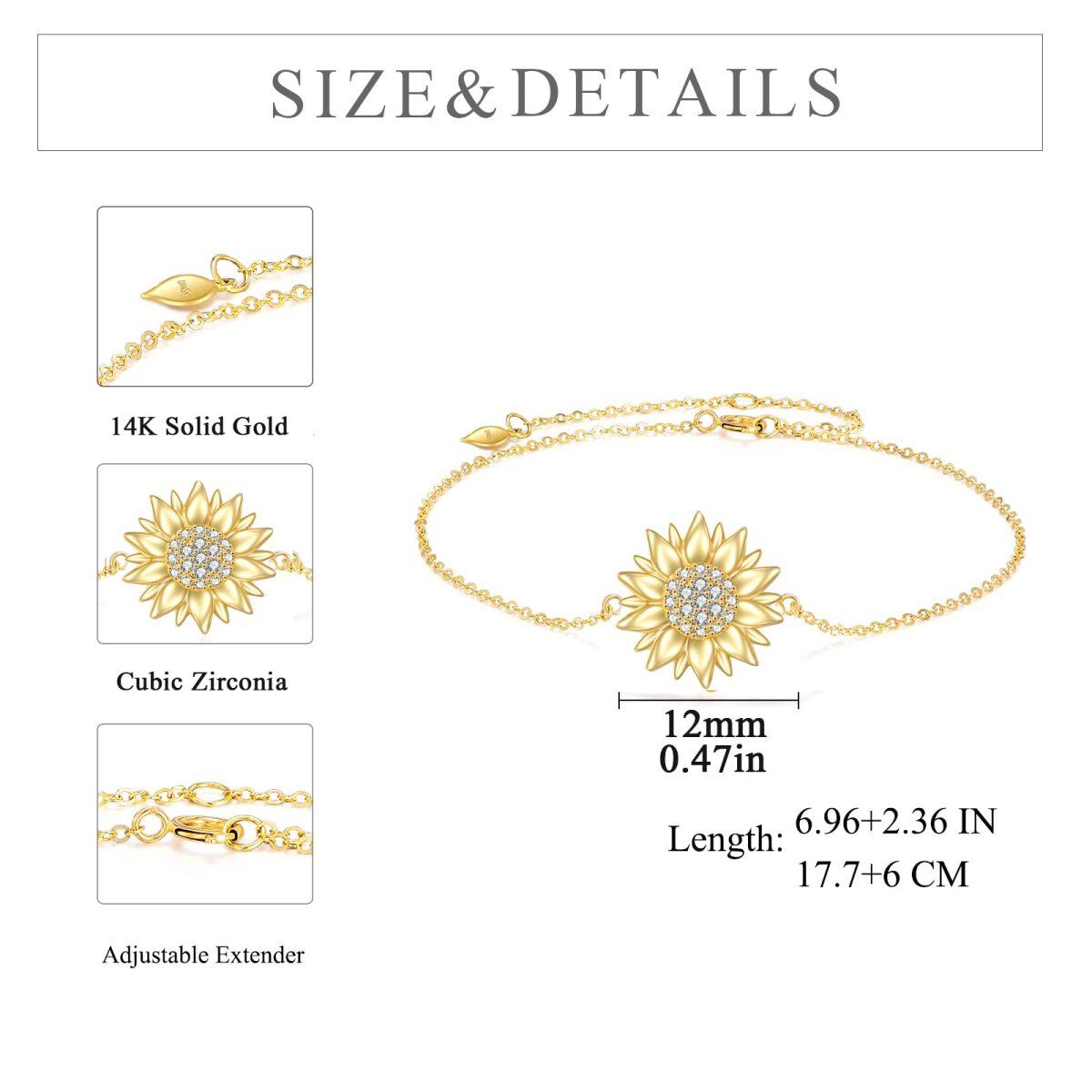 14K Gold Cubic Zirconia Sunflower Pendant Bracelet-5