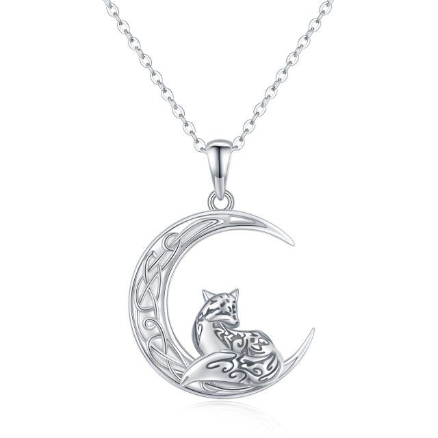 Sterling Silver Fox Celtic Knot Moon Pendant Necklace-1