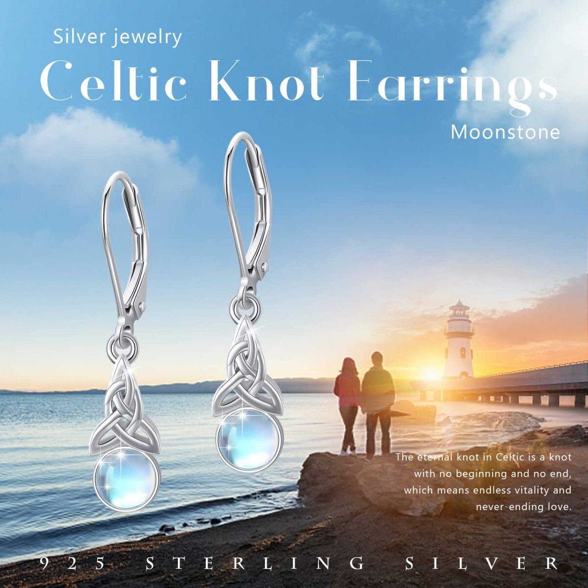 Sterling Silver Moonstone Celtic Knot Lever-back Earrings-6
