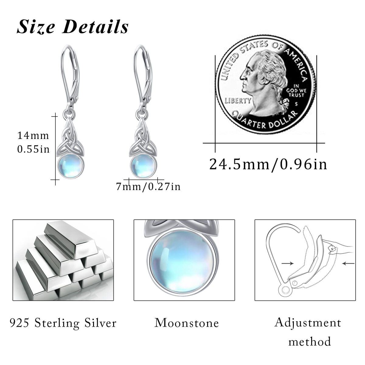 Boucles d'oreilles en Argent Sterling Moonstone Celtic Knot Lever-back-5