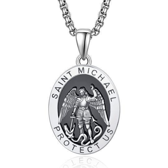 Colar de prata esterlina com pingente de moeda de São Miguel e palavra gravada para homem