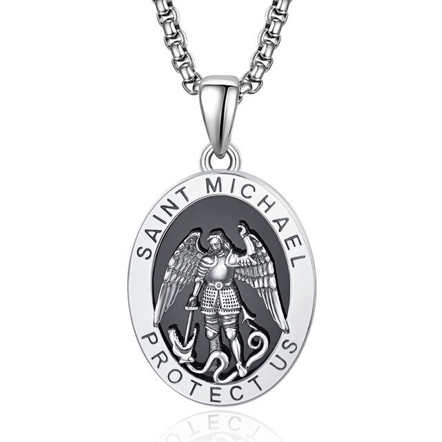 Sterling Silber Sankt Michael Münze Anhänger Halskette mit eingraviertem Wort für Männer-0