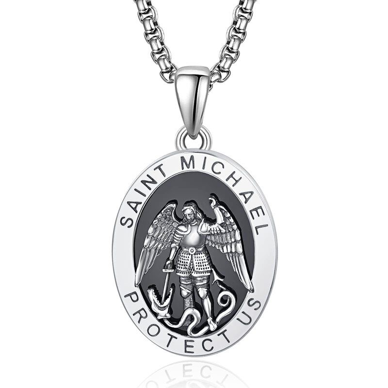 Sterling Silver Saint Michael Coin Pendant Necklace with Engraved Word for Men