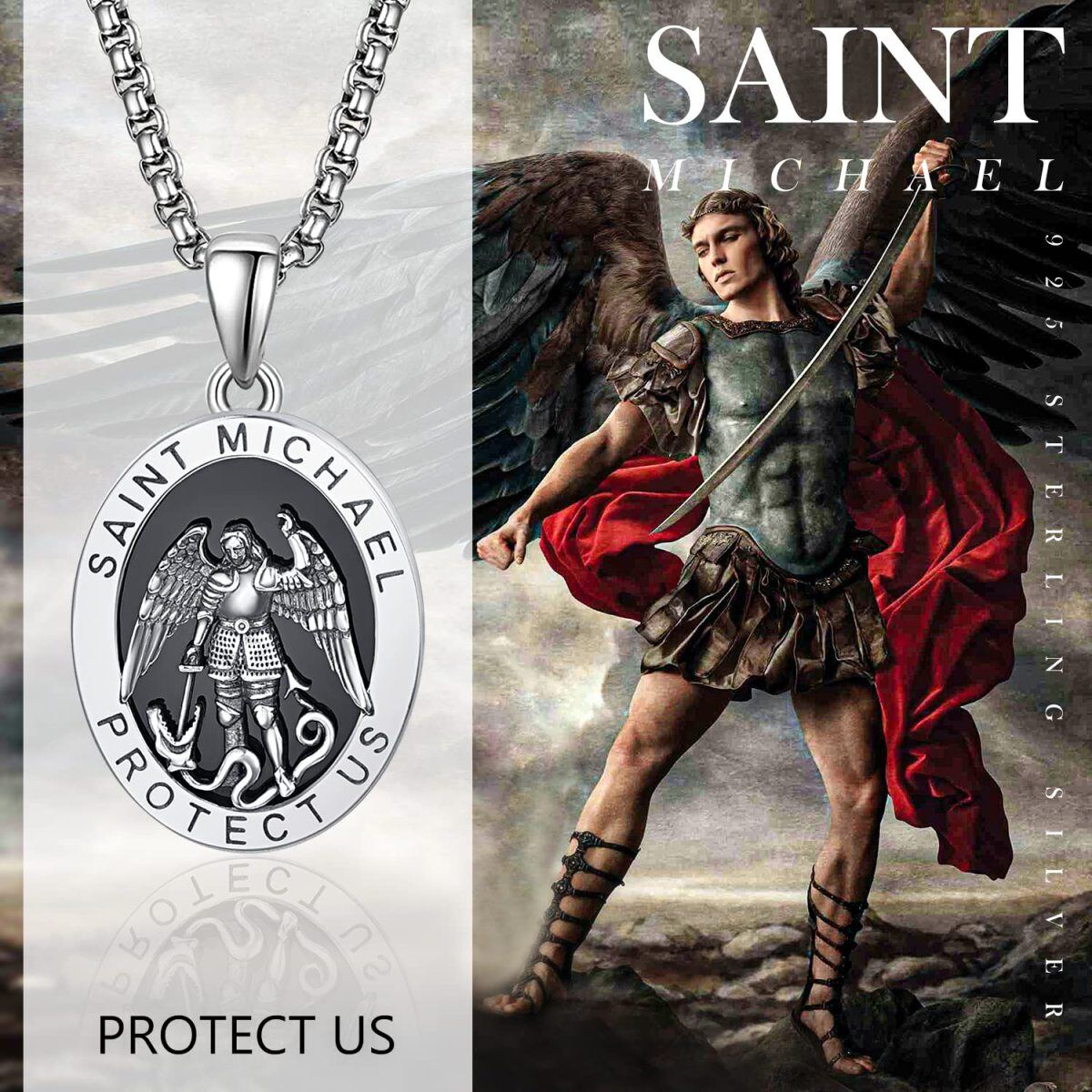 Sterling Silver Saint Michael Coin Pendant Necklace with Engraved Word for Men-3