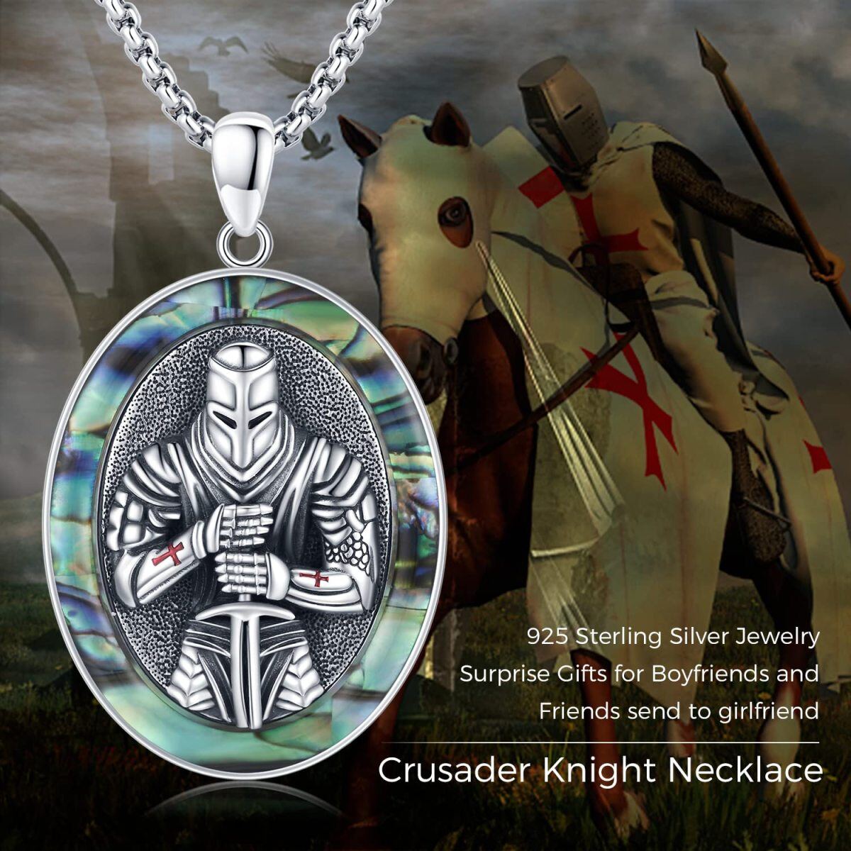 Collar de plata de ley con Cruz de Abalón y Colgante de los Caballeros Templarios-5