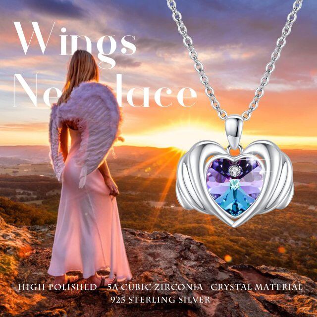 Sterling Silver Heart Shaped Crystal Angel Wing & Heart Pendant Necklace-4