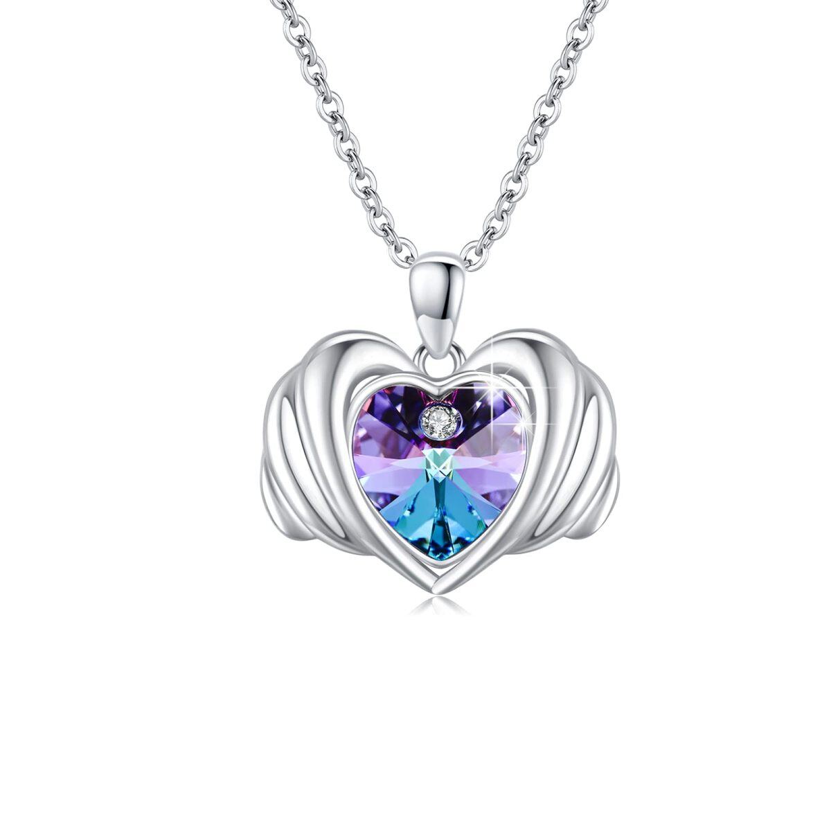 Sterling Silver Heart Shaped Crystal Angel Wing & Heart Pendant Necklace-1