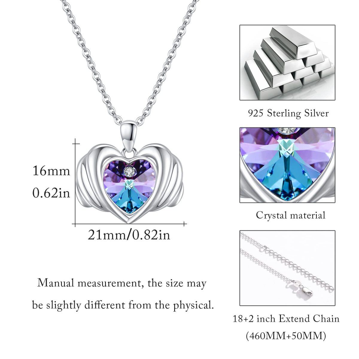 Sterling Silber Herz geformt Kristall Engelsflügel & Herz Anhänger Halskette-6