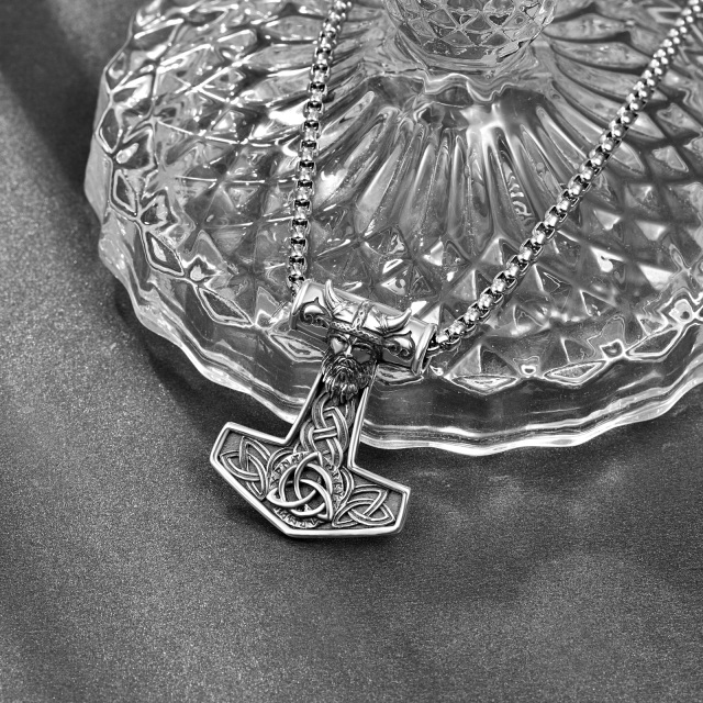 Sterling Silver Thor's Hammer Odin Norse Pendant Necklace for Men-2