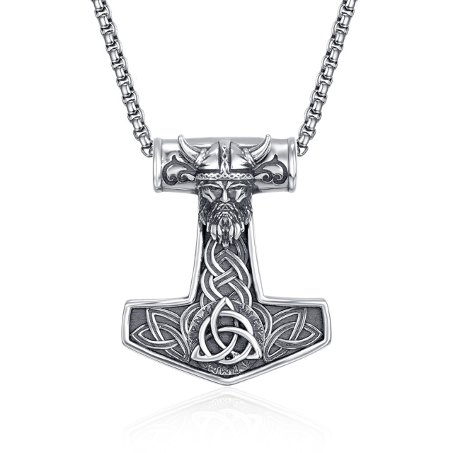 Sterling Silver Thor's Hammer Odin Norse Pendant Necklace for Men-0