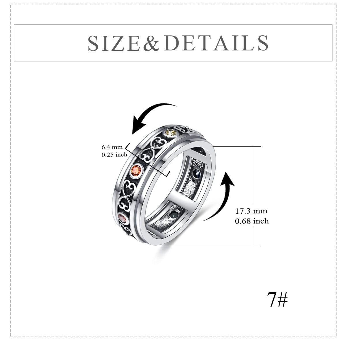 Sterling Silver Circular Shaped Cubic Zirconia Chakras Spinner Ring-5