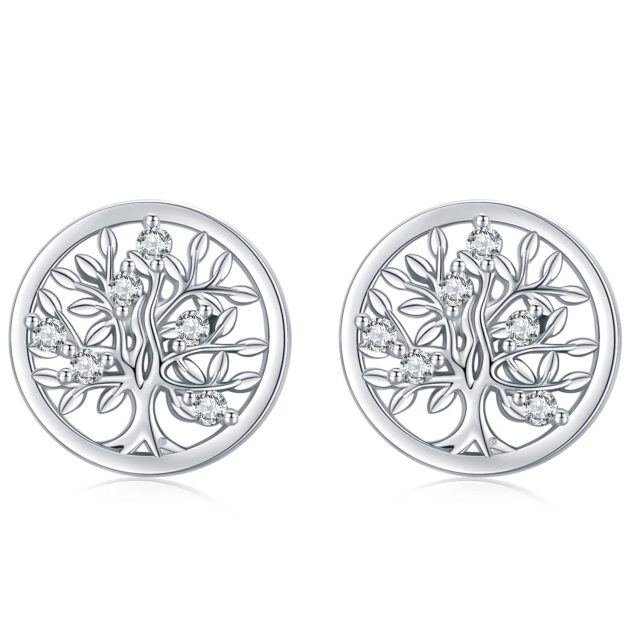 Sterling Silver Cubic Zirconia Tree Of Life Stud Earrings-0