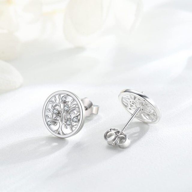 Sterling Silver Cubic Zirconia Tree Of Life Stud Earrings-2