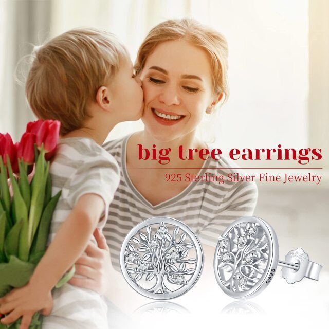 Sterling Silver Cubic Zirconia Tree Of Life Stud Earrings-3