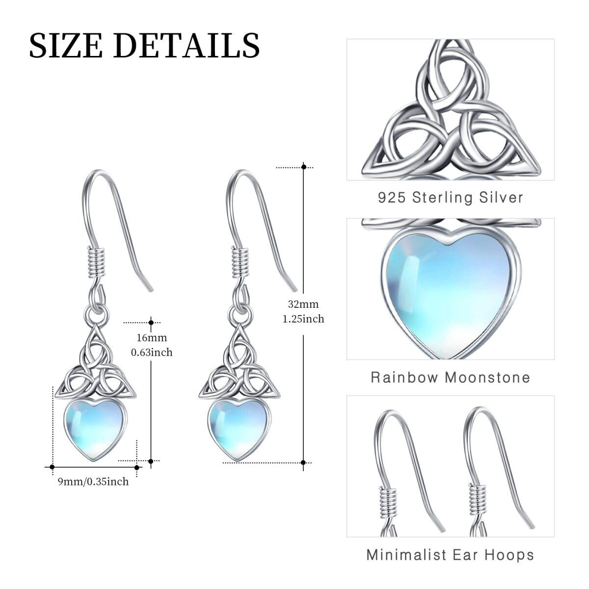 Sterling Silver Heart Shaped Moonstone Celtic Knot Drop Earrings-6