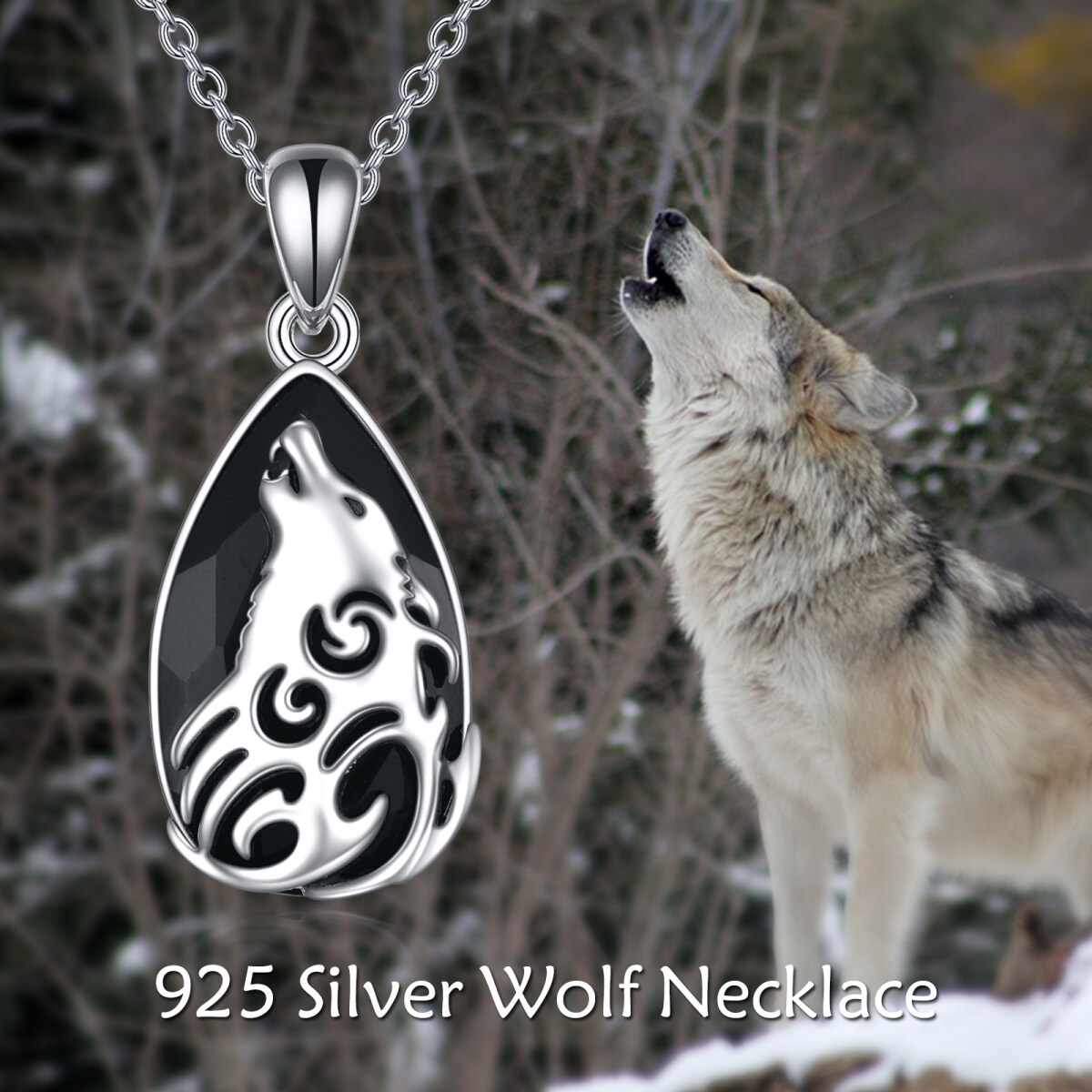 Sterling Silver Pear Shaped Obsidian Wolf Pendant Necklace-6