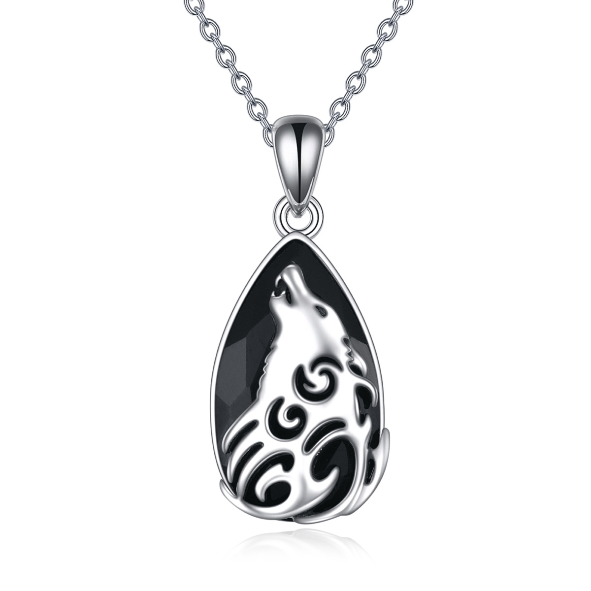 Sterling Silver Pear Shaped Obsidian Wolf Pendant Necklace-1