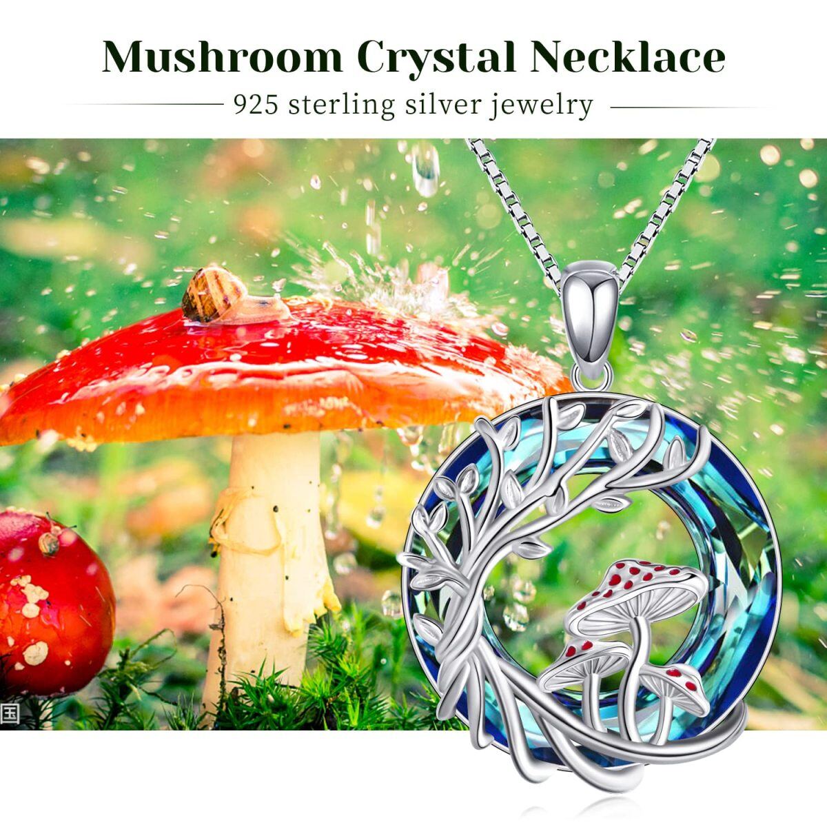 Sterling Silver Round Mushroom & Tree Of Life Crystal Pendant Necklace-6