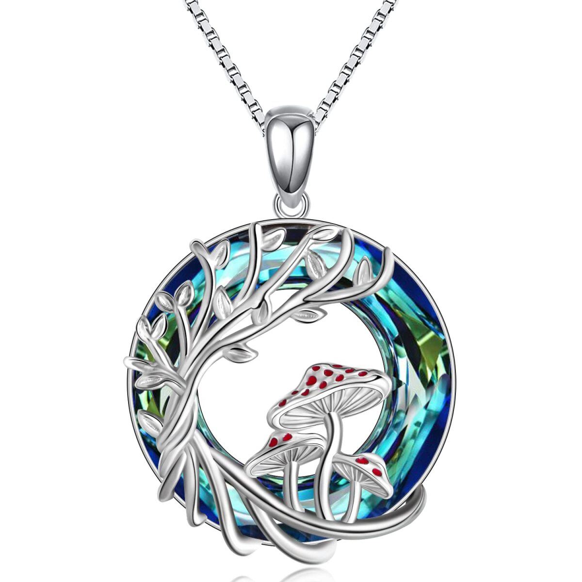 Sterling Silver Round Mushroom & Tree Of Life Crystal Pendant Necklace-1