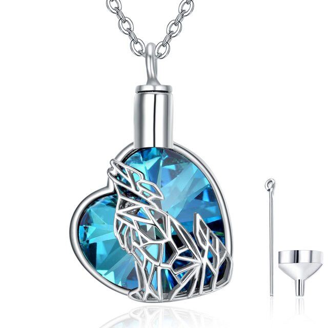 Sterling Silver Blue Crystal Origami Wolf & Heart Urn Necklace for Ashes-1