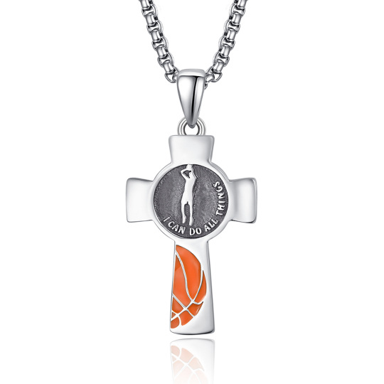 Collier en argent sterling avec pendentif basket-ball et croix avec mot gravé pour hommes