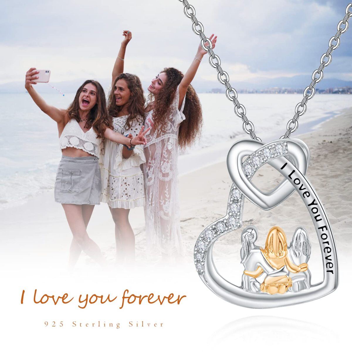 Sterling Silver Two-tone Cubic Zirconia Sisters & Heart Pendant Necklace-6