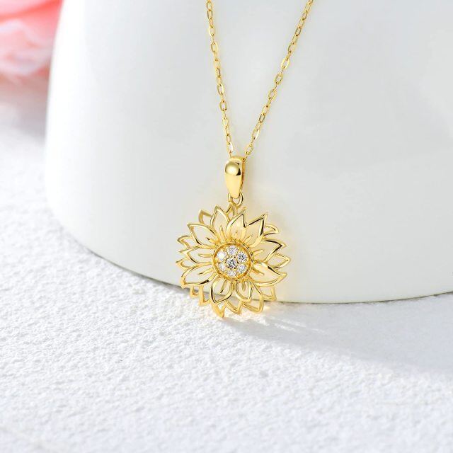 9K Gold Circular Shaped Diamond Sunflower Pendant Necklace-2