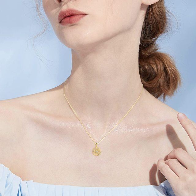9K Gold Circular Shaped Diamond Sunflower Pendant Necklace-1