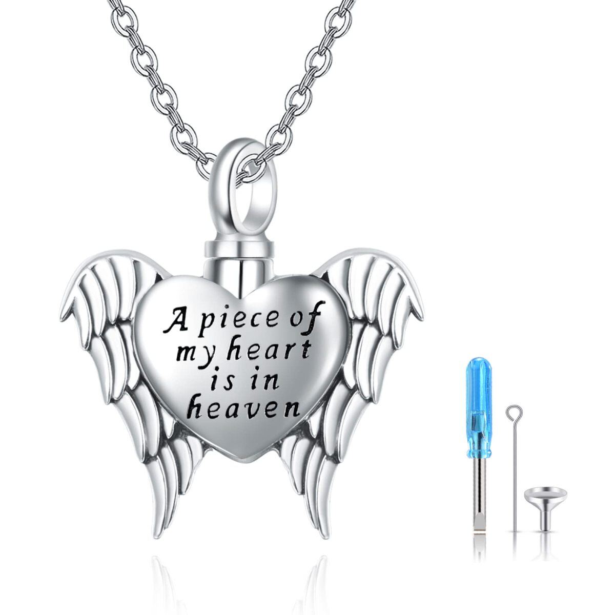 Sterling Silver Angel Wing & Bottle & Heart Urn Necklace for Ashes with Engraved Word-1