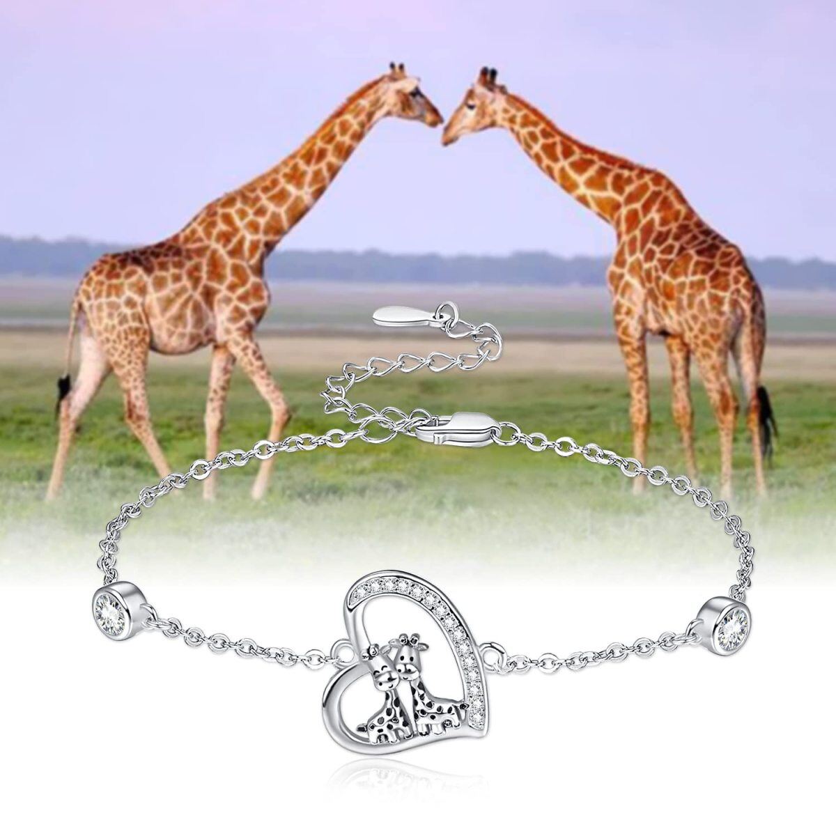 Sterling Silver Cubic Zirconia Giraffe & Heart Pendant Bracelet-7