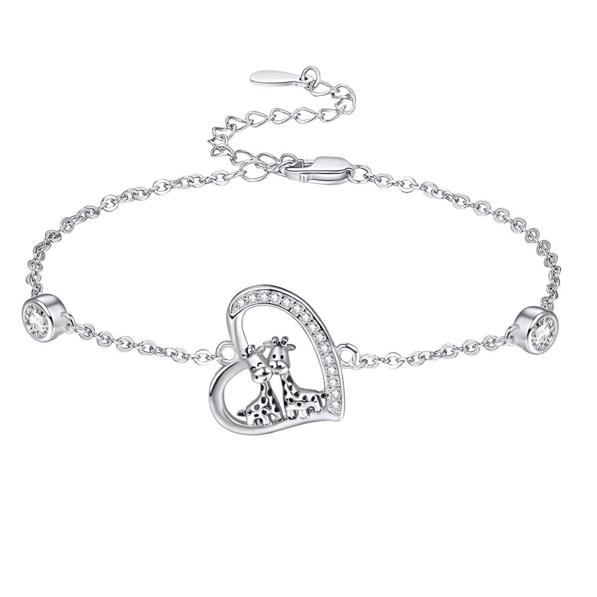 Sterling Silver Cubic Zirconia Giraffe & Heart Pendant Bracelet-1