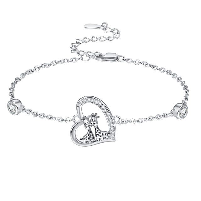 Bracelet en argent sterling avec pendentif girafe et coeur en zircon cubique-0