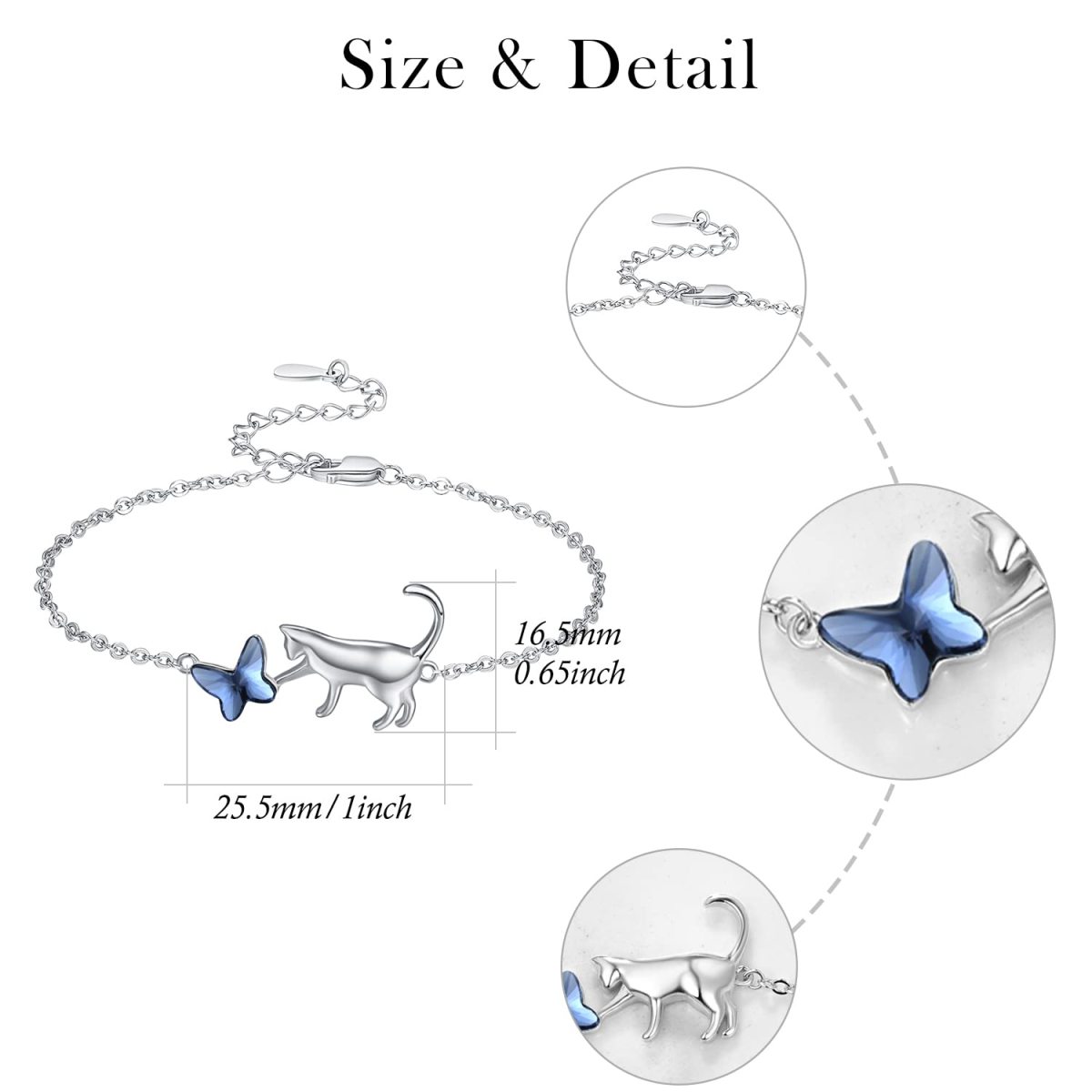 Sterling Silver Crystal Butterfly & Cat Pendant Bracelet-5