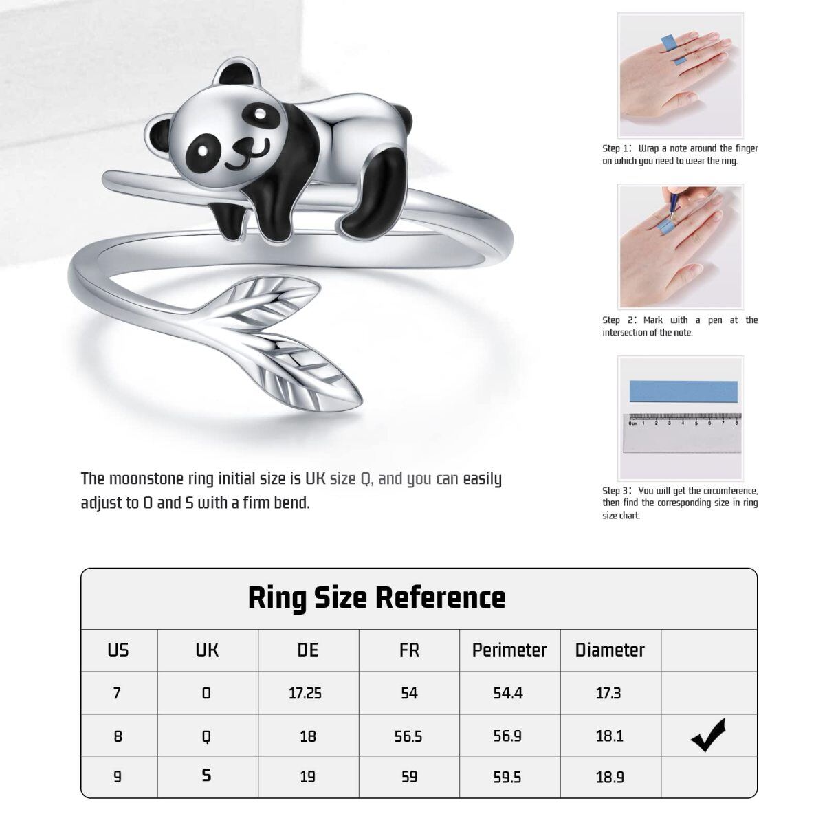 Bague ouverte panda en argent sterling-7