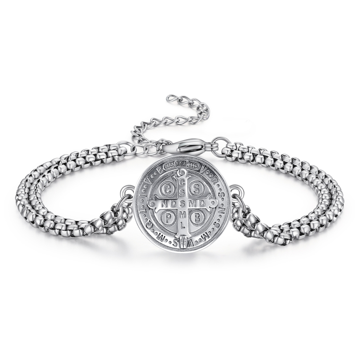 Bracelet en argent sterling avec pendentif croix et médaille de St Benoît pour hommes-1