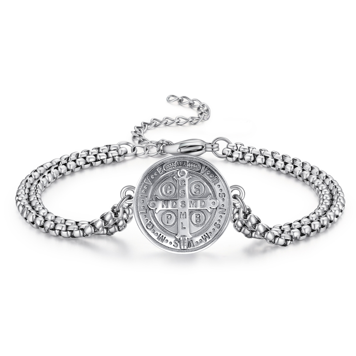 Sterling Silver Cross & St Benedict Medal Pendant Bracelet for Men-1