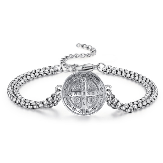 Sterling Silver Cross & St Benedict Medal Pendant Bracelet for Men