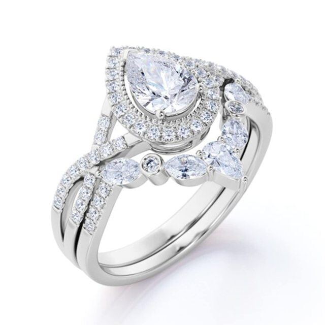 Prata esterlina Moissanite Gravação personalizada e anel de noivado de casal-4