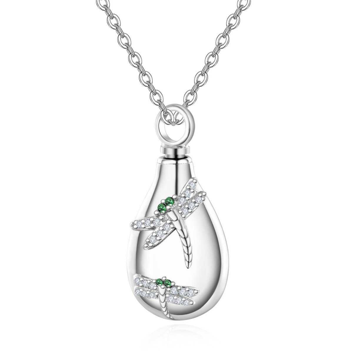 Sterling Silver Oval Shaped Cubic Zirconia Dragonfly Urn Necklace for Ashes-1