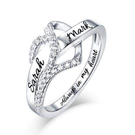 Sterling Silver Circular Shaped Cubic Zirconia Personalized Engraving & Heart Ring with Engraved Word