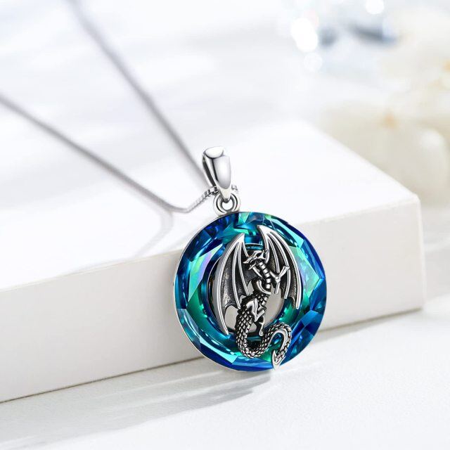 Sterling Silver Circular Shaped Dragon Crystal Pendant Necklace-3