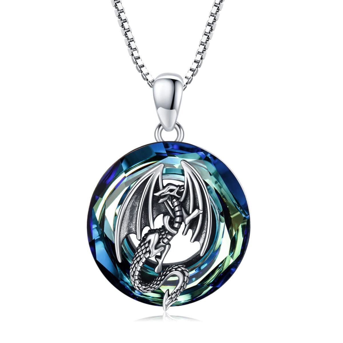 Sterling Silver Circular Shaped Dragon Crystal Pendant Necklace-1